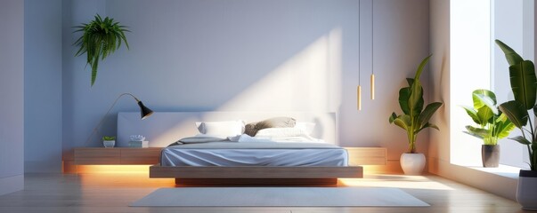 Fototapeta premium Modern minimalist bedroom with floating nightstands and natural lighting