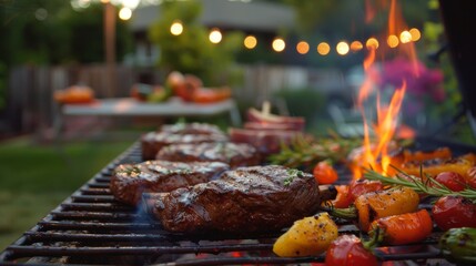 A backyard barbecue with friends enjoying grilled steaks and vegetables on a summer evening