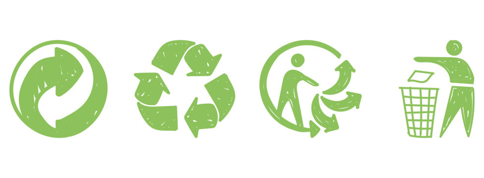 Collection de pictos de tri - Pack de logos dessin&eacute;s &agrave; la main pour symboliser le tri s&eacute;lectif, le recyclage - Cercle de M&ouml;bius, Triman,  Point vert, Tidyman - &Eacute;l&eacute;ments en faveur de la nature - Doodle