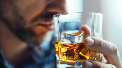 A man is drinking a glass of whiskey with ice cubes in it