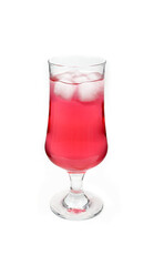 Red drink in glass with ice cubes on top isolated on white background. Cold refreshing juice
