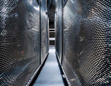 Reflective, metallic mesh with intricate interwoven patterns.