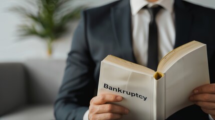 A businessman reading a bankruptcy book, symbolizing financial challenges and legal advice in a modern office environment.