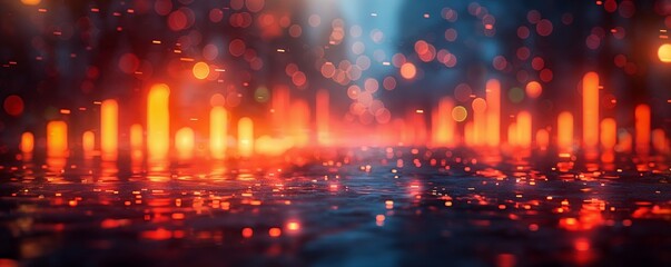 Bokeh lights and abstract cityscape reflection, ideal for festive and urban themes. Vibrant and dynamic representation of financial data.