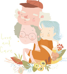 Cute Cartoon Illustration with Grandparents and Their Granddaughter. Vector Illustration