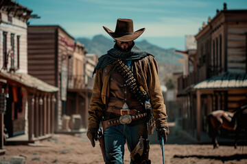 A man in a cowboy hat and boots walks down a dirt road.