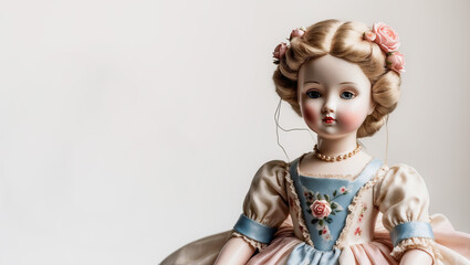 Antique porcelain doll on a light background mockup for auction presentation.