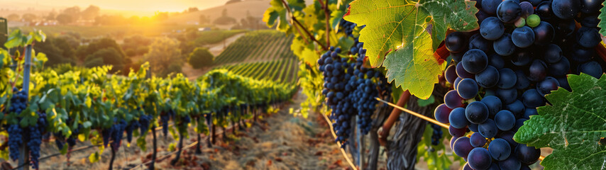 A vineyard with a bunch of grapes hanging from the vines