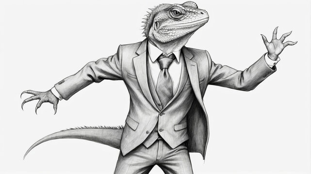 Drawing of a newt lizard in a business suit dancing on a white background