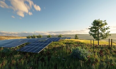 Solar energy farm with expansive panels, harnessing renewable energy to power communities and reduce carbon footprints