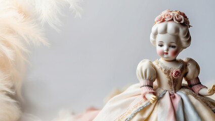Antique porcelain doll on a light background mockup for auction presentation.