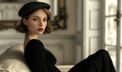 Sophisticated French chic with a minimalist black dress and beret, epitomizing Parisian elegance and timeless style