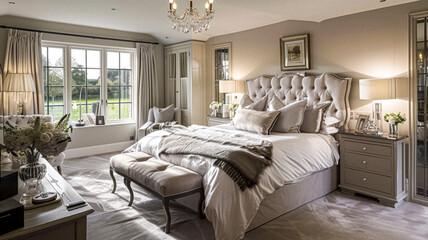 Bedroom decor, interior design and home decor, bed with elegant bedding and bespoke furniture, English country house, holiday rental and cottage style inspiration