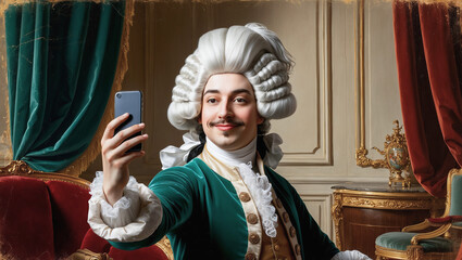 A man in a 19th century marquis wig takes a selfie.