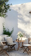 White Wall Patio With Wooden Chairs and Table