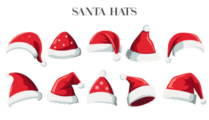 Realistic santa claus hat colllection, holiday cap to xmas illustration. New Year hats. Set of Santa Claus hats.