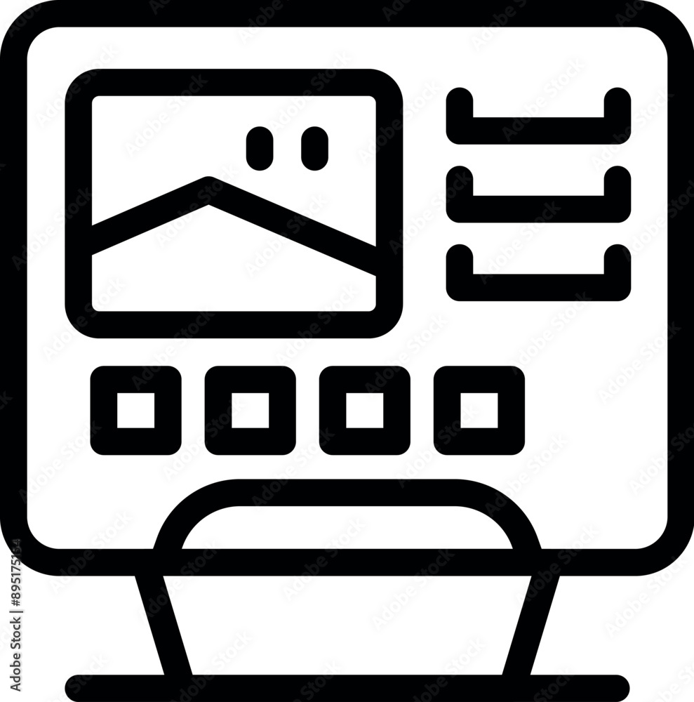 Poster line icon of a computer screen displaying photo editing software, ideal for representing concepts li
