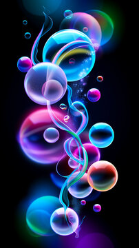 Abstract neon bubbles and fluid shapes against a vantablack background, creating a vibrant and dynamic visual ideal for a cell phone background or mobile wallpaper.