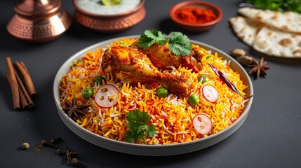 A vibrant plate of biryani garnished with chicken, herbs, and spices, showcasing traditional cuisine and rich flavors.