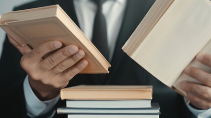 A person wearing a suit holds multiple books, showcasing a love for reading and knowledge acquisition in a professional setting.