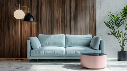 soft blue sofa with black lamp and pink bronze coffee table near dark wooden wall on floor
