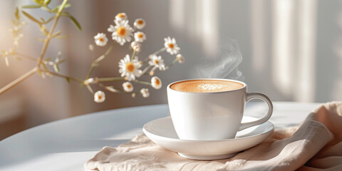 Fototapeta premium A cup of hot latte coffee in a decorative interior in boho style creative poster background. Horizontal banner with a cup of coffee and free space for text. Raster digital illustration. AI artwork.