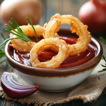 Close Up Of Bowl With Crispy Onion Rings, Dip Sauce And Fresh Ingredients, Authentic Recipe Dish