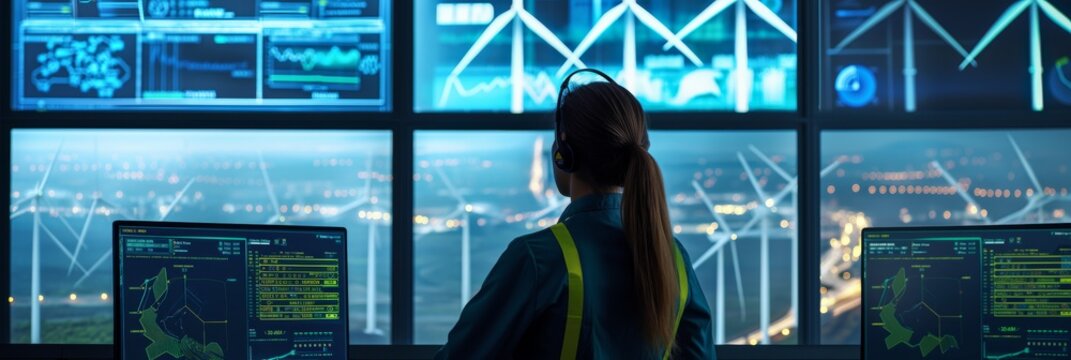 A futuristic energy control center manages wind turbines. It features female operators, data analytics, digital management, and sustainable engineering for clean, renewable resources