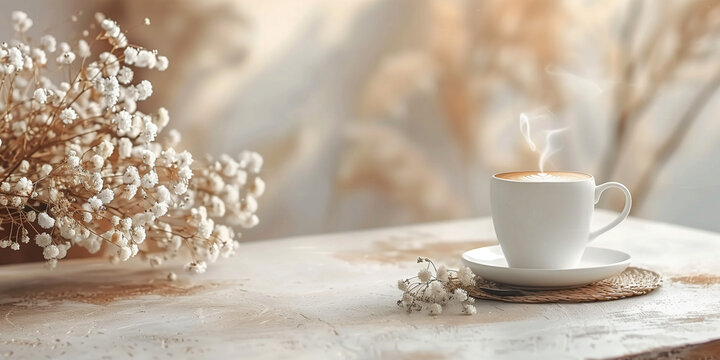 A cup of hot latte coffee in a decorative interior in boho style creative poster background. Horizontal banner with a cup of coffee and free space for text. Raster digital illustration. AI artwork.