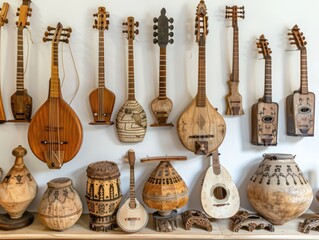 Traditional musical instruments from various cultures displayed together.