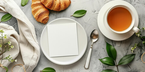 A cup of hot tea in a decorative interior in boho style creative poster background. Horizontal banner with a cup of tea and free space for text. Raster digital illustration. AI artwork.