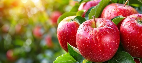 Obraz premium Ripe Red Apples, Freshly Wet. Orchard, Farm, Harvest. Autumn Mood. Background with Copy Space.
