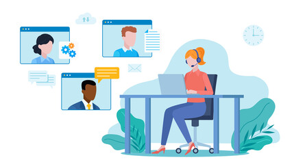 Flat design illustration. Video conversation of employees. A woman wearing headphones is having a conversation with other employees. They exchange information and knowledge.