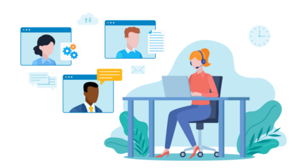 Flat design illustration. Video conversation of employees. A woman wearing headphones is having a conversation with other employees. They exchange information and knowledge.