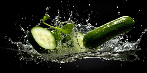 ripe fresh cut green cucumber in drops and splashes of water on a dark background