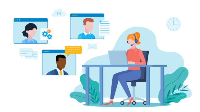 Flat design illustration. Video conversation of employees. A woman wearing headphones is having a conversation with other employees. They exchange information and knowledge.