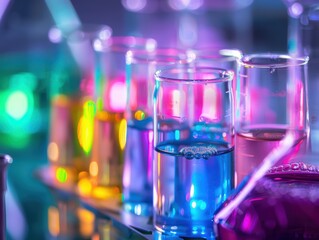 A close-up of scientific lab equipment featuring beakers and test tubes filled with colorful liquids.