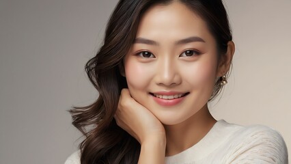Naklejka premium Beauty portrait of a model Japanese woman with beautiful white skin through skin care