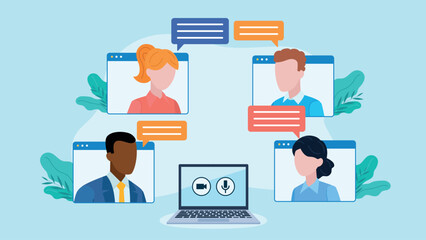 Video conversation of students, employees, friends. Laptop with camera and microphone icon. Above it, messenger app tiles with character avatars. There are conversation bubbles next to the characters.