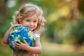 Fototapeta premium Young Girl with Blonde Hair Showing Love and Care, Holding Inflatable Globe of Planet Earth Outdoors