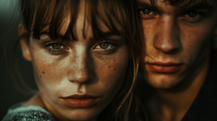 Intense close-up of two young people's faces with serious expressions.