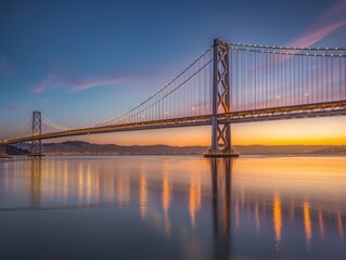 Obraz premium A famous bridge captured at sunrise, showcasing its architectural beauty and the vibrant colors of the sky.