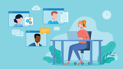 Video conversation of employees. A woman wearing headphones is having a conversation with other employees. They exchange information and knowledge. Flat design vector.