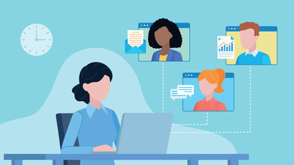An employee is having a conversation with her co-workers. Documents and information are exchanged with them. Email, chat, and data icons appear next to other characters. Flat design vector.