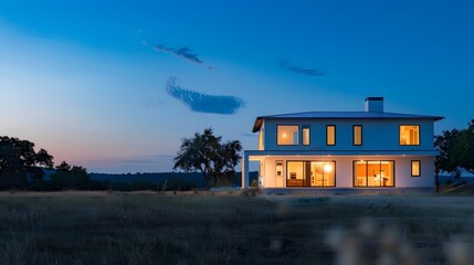 Fototapeta premium Modern house with large windows and lights.