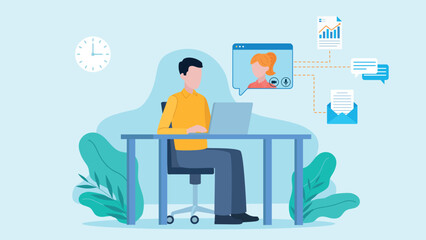 Man sitting and working on laptop and having conversation with coworker. Next to the woman's avatar there are document, conversation and email icons. Flat design vector.
