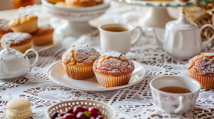 Fototapeta premium Victorian Lace Tablecloth Freshly Baked Muffins Elegant Breakfast Setting ,copyspace