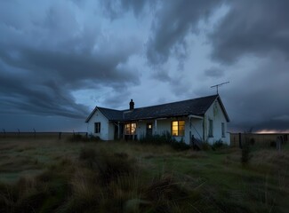 Fototapeta premium White House With Lights On in the Field Under Dark Sky