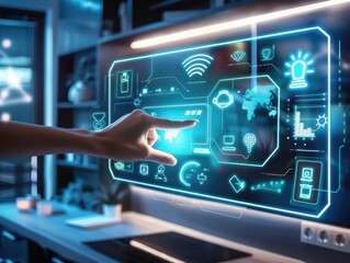 A futuristic smart home interior featuring advanced gadgets and digital interfaces.