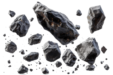 Asteroids swarm of boulders or stone meteorite isolated on transparent png background, flying rock in the space.